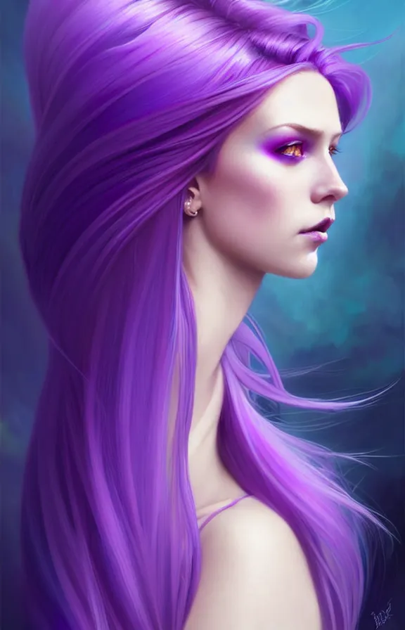 Image similar to Purple hair relistic Portrait of a woman with bright colored flying hair, all shades of purple. Hair coloring, long hair, blue eyes, fantasy, intricate, elegant, highly detailed, digital painting, artstation, concept art, smooth, sharp focus, illustration, art by artgerm and greg rutkowski and alphonse mucha