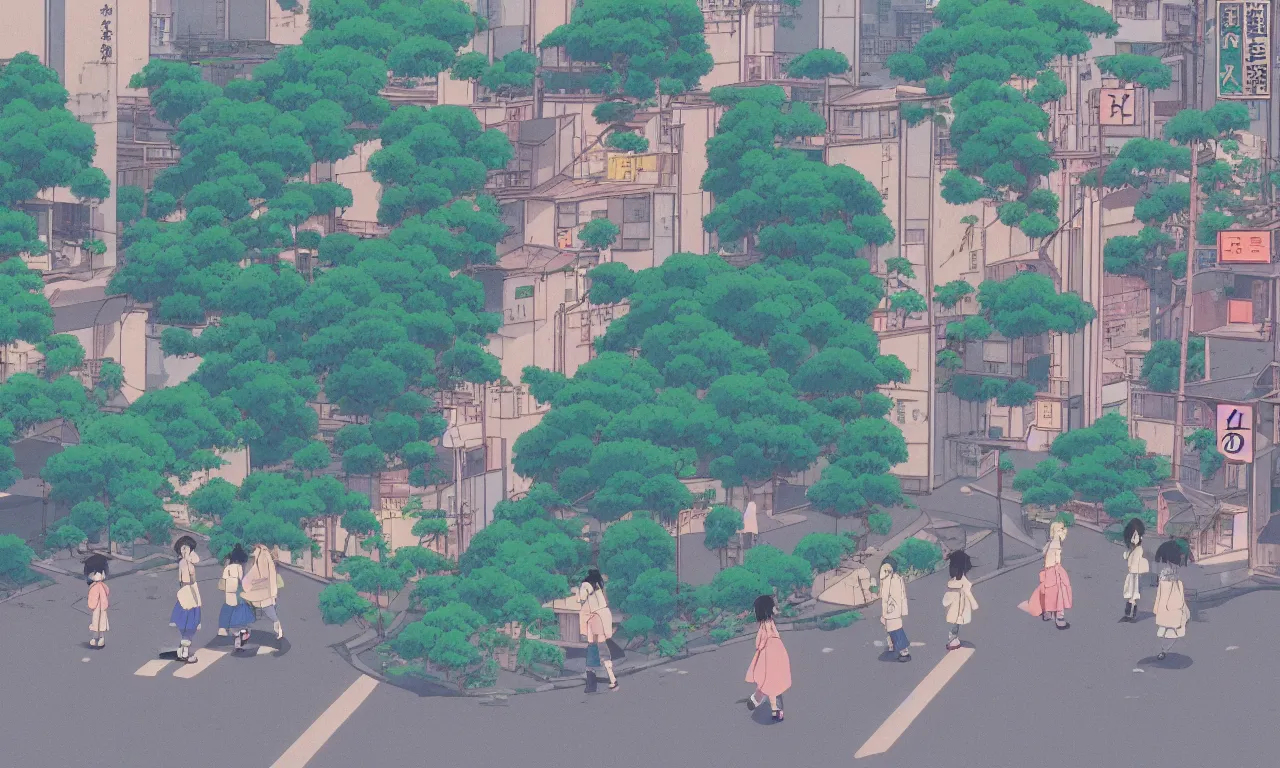 Image similar to A cute aesthetic still frame from an 80's or 90's anime, minimal street in Japan with a waterfall