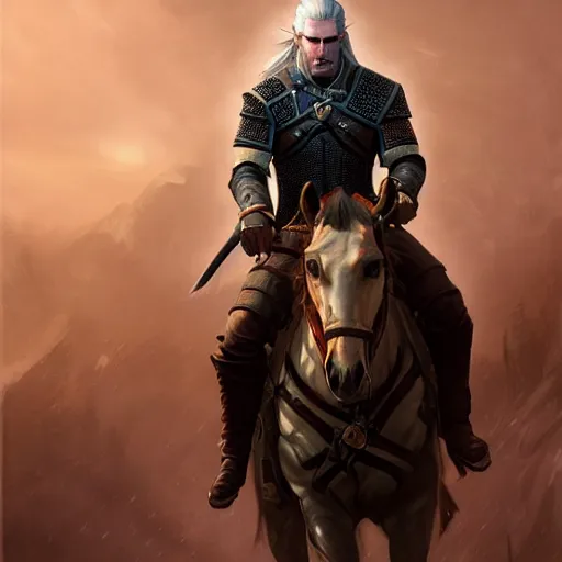 Image similar to geralt the witcher 3 riding a horse with obama president d & d fantasy intricate elegant highly detailed digital painting artstation concept art matte sharp focus illustration hearthstone art by artgerm art by greg rutkowski art by alphonse mucha