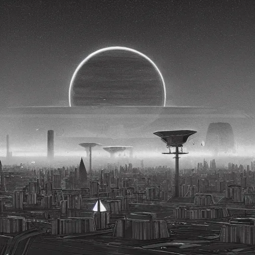 Image similar to A planetary city by Simon Stålenhag and Ansel Adams, black and white photo 4k