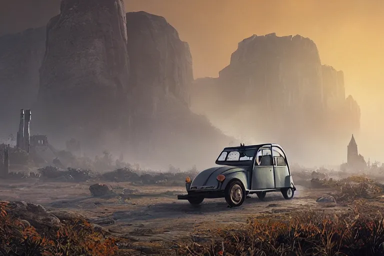 Prompt: offroad citroen 2 cv ( 1 9 6 5 ) driving across the rift, daedric longsword attached to the side, leather and cloth traveller bags on roof, riften city in the background, epic fantasy, autumn, the elder scrolls v : skyrim, dramatic lighting, establishing shot, by simon stalenhag