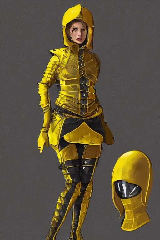 Image similar to female adventurer in tight full - body canary yellow gambeson leather armor of italian design with diamond pattern and black accents and a closed armet helmet, trending in artstation, establishing shot