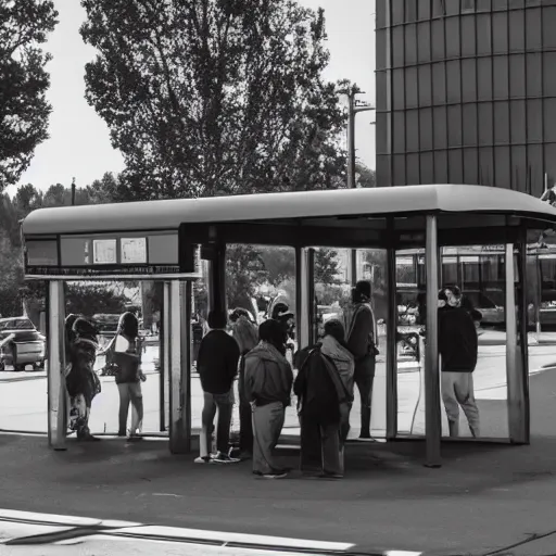 Image similar to photo of people waiting at bus stop, afternoon lighting