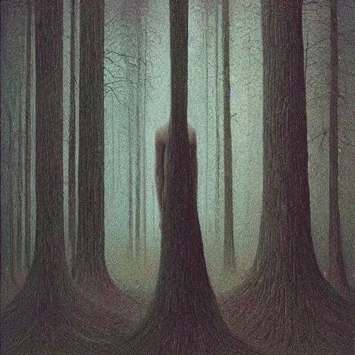 Prompt: “ tall figure in the woods, beksinski, dark ”