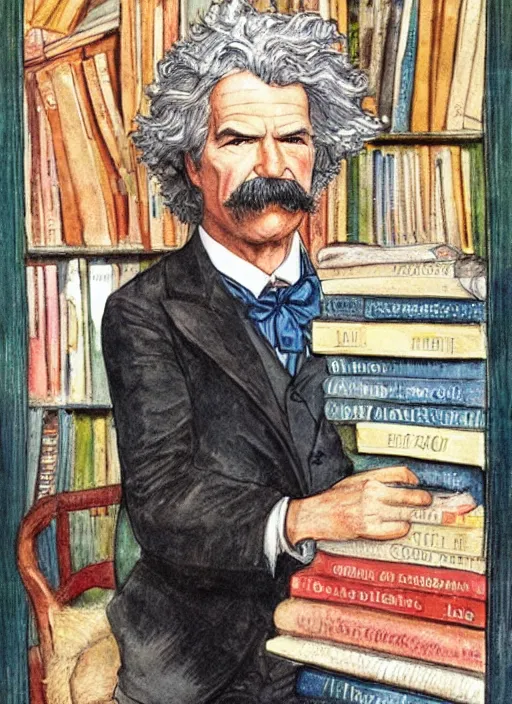 Image similar to realistic portrait of mark twain surrounded by a frame of books, art by harvey dunn and howard pyle and walter crane, illustration, watercolor art,