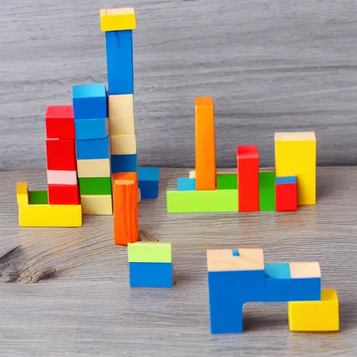 Prompt: wooden plain kids toy blocks city town village of uncolored natural organic wood blocks stacked, montessori style town, farm, bridge, shop, road map of wooden blocks play