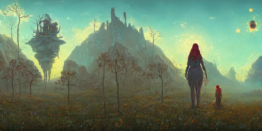 Image similar to A fantasy painting with a woman in a surreal environment by michael whelan and simon stålenhag