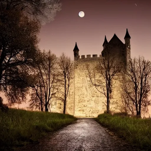Prompt: a dark moonlight night, an old castle at the end of the road, forest and lake