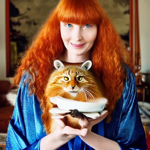 Image similar to a stunning hyper-detailed closeup portrait photo of a slender beautiful smiling woman with long ginger hair and bangs, wearing a luxurious silk robe, wearing headphones and posing with her large ginger tabby cat and her raccoon and parrots in an overstuffed easy chair in her sunlit victorian living room, holding a porcelain parrot-shaped coffee mug and a donut, perfect eyes, fashion photography, octane render, unreal engine, 85 mm lens,