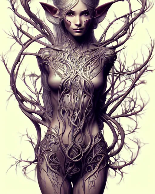 Prompt: digital art, centered elven body made with intricate roots, by James Jean and by artgerm, by ross tran , ultradetailed, charachter design, concept art, trending on artstation,