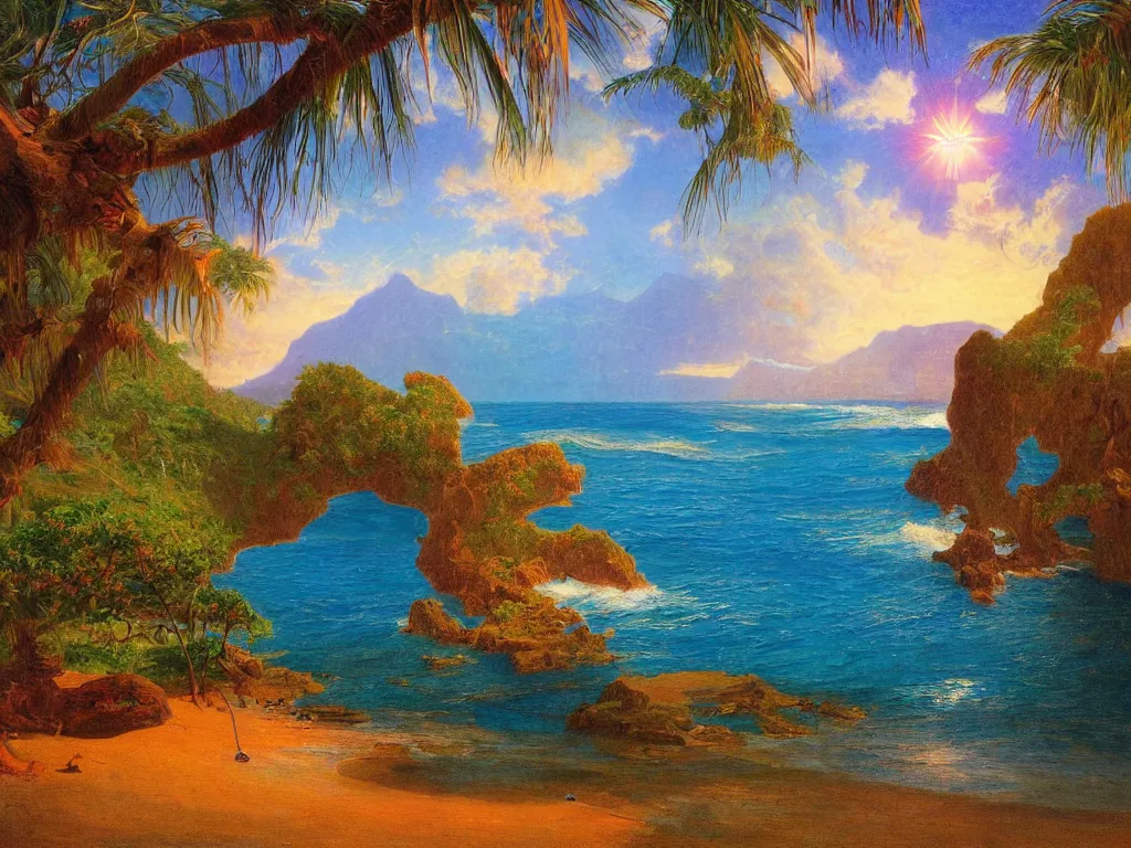 Prompt: Island beach cove at the center of the universe, Kauai, Sunlight Study, by Albert Bierstadt and ((((((((((Lisa Frank))))))))), Art Nouveau, 8k