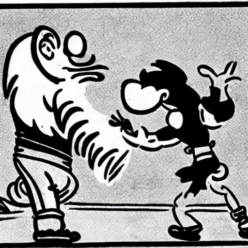 Prompt: Popeye fights a lion, drawn in the style of old Max and Dave Fleischer cartoons.