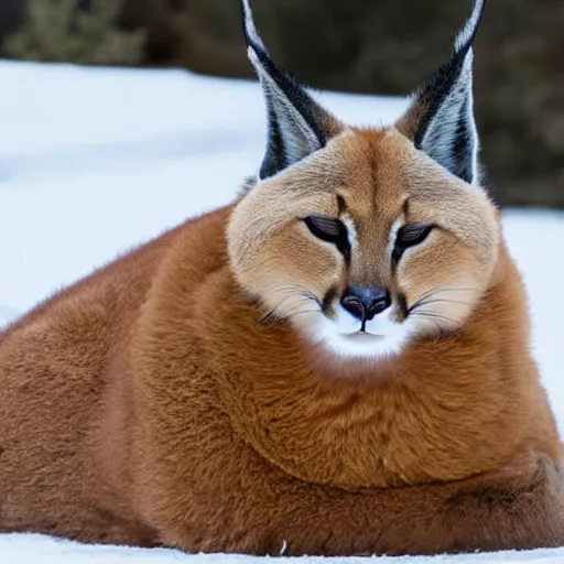 Prompt: fullbody photo still of sleepy fat chubby caracal, lying sleeping on snowy ice, big stomach, fullbody, sunny winter day