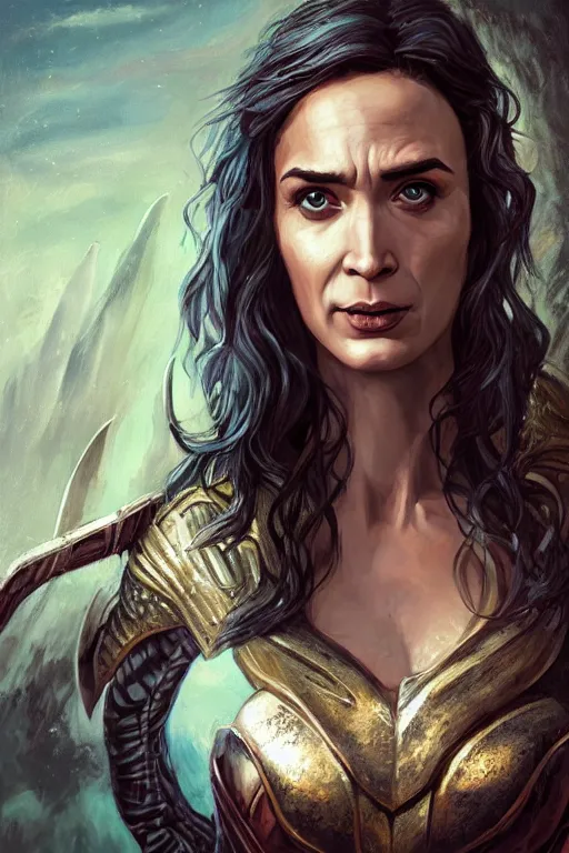 Image similar to A fantasy comic book style portrait painting of, hybrid of Emily Blunt, Gal Gadot, as an Atlantean, Reptilian Warrior, Mystical Valkyrie, Armor, Sword, Archer Bow, Spear, Sheild, François Boucher, Oil Painting, unreal 5, DAZ, hyperrealistic, octane render, Regal, Refined, Coherent, Detailed Digital Art, RPG portrait, Michael Cheval, William-Adolphe Bouguereau, Walt Disney (1937), Steampunk, dynamic lighting, Highly Detailed, Cinematic Lighting, Unreal Engine, 8k, HD