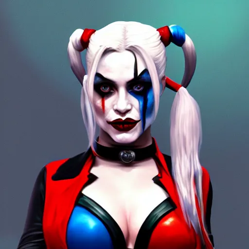 Prompt: Harley Quinn from the suicide squad, smiling, portrait, fantasy, medieval, beautiful face, vivid colrs, elegant, concept art, sharp focus, digital art, Hyper-realistic, 4K, Unreal Engine, Highly Detailed, HD, Dramatic Lighting by Brom, trending on Artstation