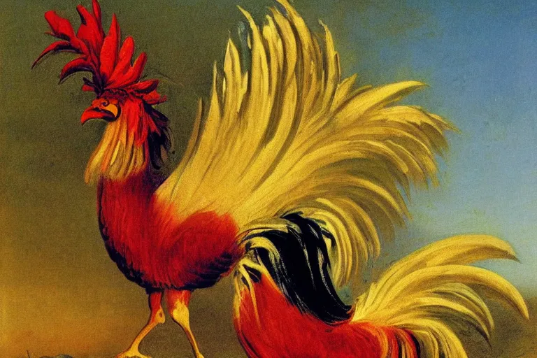 Prompt: illustration of a rooster, by karl wilhelm de hamilton, sharp focus, lively colors, portrait