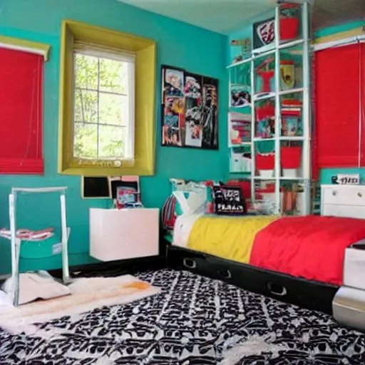 Prompt: 80's style teenage boy bedroom. Retro.