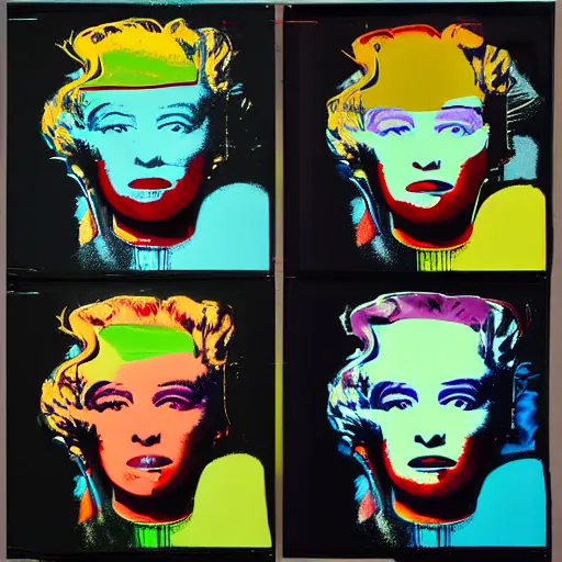 Prompt: old - style cyborg, 6 panels by andy warhol, with highly contrasted colors and an illuminating background