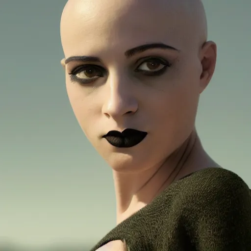 Prompt: a portrait of a bald goth female, dark eyes, dark hair, olive skin, depth of field, zeiss lens, detailed, centered, artstation, fashion photoshoot, by Annie Leibovitz and Steve McCurry, David Lazar, Jimmy Nelsson, Breathtaking, 8k resolution, extremely detailed, beautiful, establishing shot, artistic, hyperrealistic, beautiful face, octane render