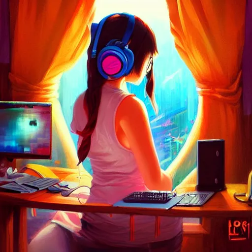 Image similar to lo-fi colorful masterpiece by Ross Tran, WLOP, Dan Mumford, Christophe Vacher, painting, asian girl, with headphones, studyng in bedroom, window with Tokyo view, lo-fi illustration style, by WLOP, by loish, by apofis, alive colors