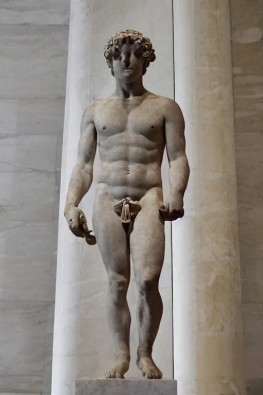 Prompt: an ancient greek marble statue of emmanuel macron, the british museum