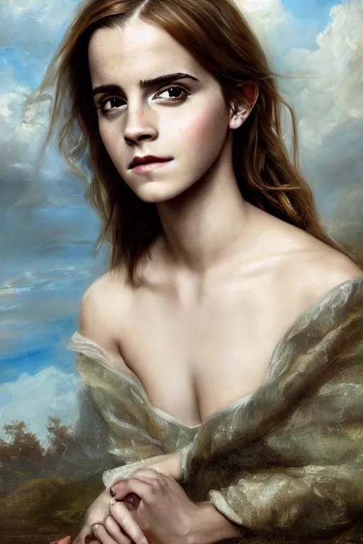 Prompt: Emma watson as a Nymph, oil on canvas, intricate, portrait, 8k highly professionally detailed, HDR, CGsociety