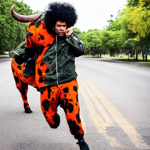 Image similar to photograph of a black man with afro hair wearing an army green adidas jacket riding! an orange colored bull!