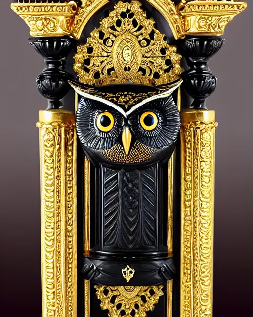Image similar to royal ornate black ebony realistic detailed owl sanctuary stronghold fortess with golden filigree carved out of ivory
