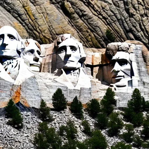 Image similar to a photo of mount rushmore after donald trump's face had been added. the photo depicts a clearly recognizable donald trump carved into the stone at the mountain top