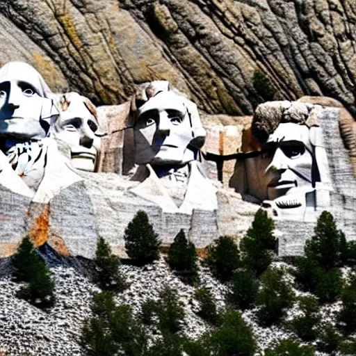 Prompt: a photo of mount rushmore after donald trump's face had been added. the photo depicts a clearly recognizable donald trump carved into the stone at the mountain top