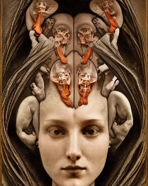 Prompt: human head morphs in together with a gothic cathedral, anatomically correct medical photography, moody, highly detailed digital painting, artstation, rule of thirds, sharp focus, art by raphael, john william godward, ernst haeckel, alphonse mucha, francois schuiten