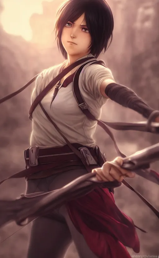 Image similar to mikasa ackerman, hero pose, medium shot, bokeh, beautiful face!!!!, 2 7 years old, cg animation, lifelike, animated, realistic, character select portrait, by artgerm, greg rutkowski, alphonse mucha, 3 d