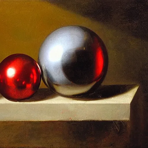 Prompt: chrome spheres on a red cube by jan davidsz de heem