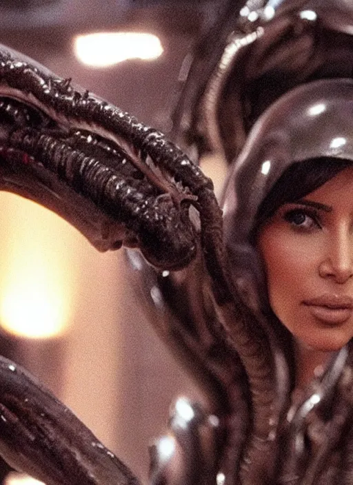 Image similar to movie still of kim kardashian wearing alien facehugger mask, in the movie alien. cinematic full shot.