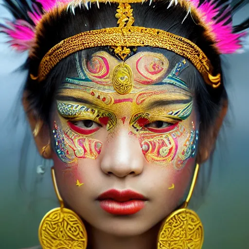 Image similar to portrait of a stunningly beautiful asian tribal female, small amount of traditional facepainting, feathers gold studded jewellery, depth of field, zeiss lens, detailed, symmetrical, centered, fashion photoshoot, by Annie Leibovitz and Steve McCurry, David Lazar, Jimmy Nelsson, Breathtaking, 8k resolution, extremely detailed, beautiful, establishing shot, artistic, hyperrealistic, beautiful face, octane render