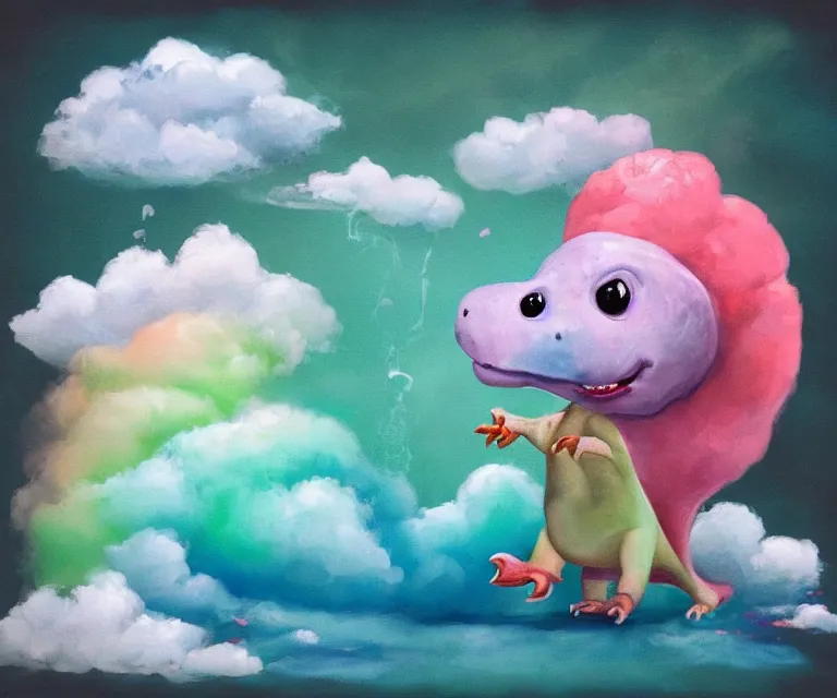 Image similar to a cute little dinosaur, water painting, cotton candy, fluffy clouds