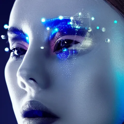 Image similar to portrait of a beautiful futuristic woman layered with high-tech jewelry wrapping around her face and head, silver-blue light