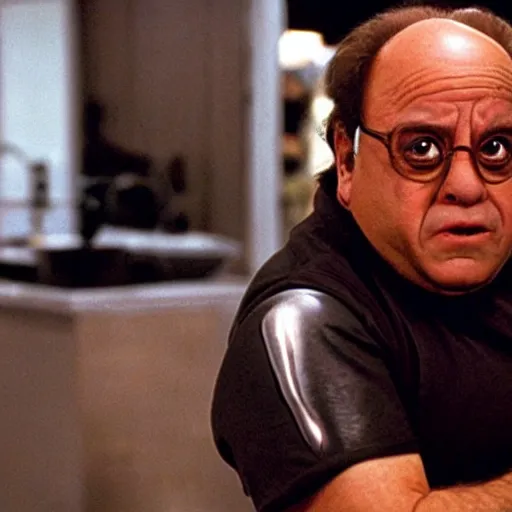 Prompt: Danny Devito as the T1000 terminator movie still, extremely realistic