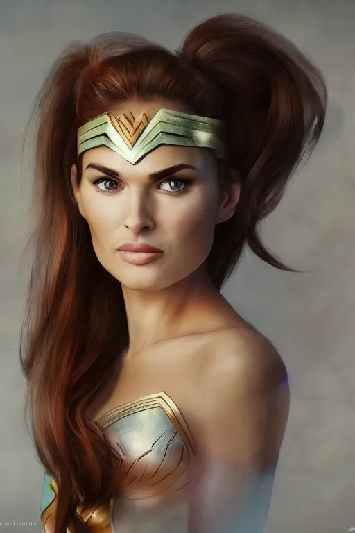 Image similar to portrait of a mix of beautiful young maria shriver, mariel hemmingway, brooke shields and elle macpherson as wonderwoman, thin lips, hair tied up in a pony tail, colorful artstation, cgsociety