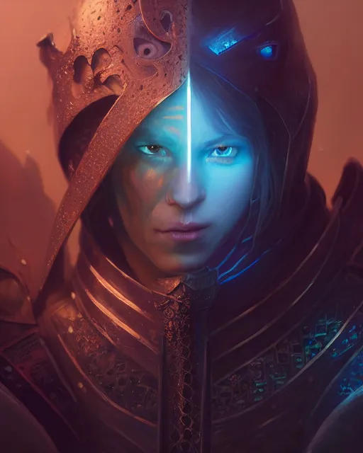 Image similar to highly detailed vfx portrait of a fantasy knight, stephen bliss, unreal engine, greg rutkowski, loish, rhads, beeple, makoto shinkai and lois van baarle, ilya kuvshinov, rossdraws, tom bagshaw, alphonse mucha, global illumination, detailed and intricate environment