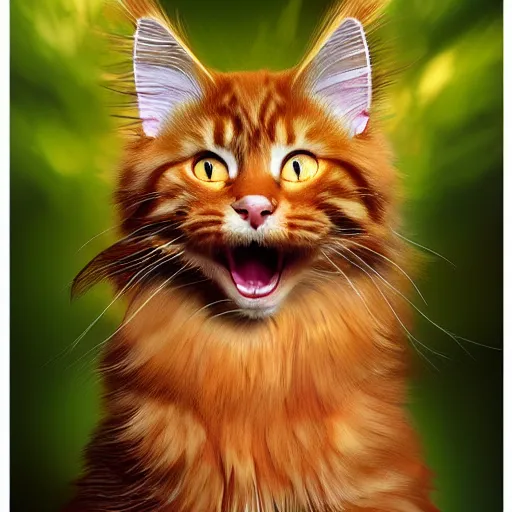 Image similar to orange maine coon cat yawning, norwegian forest cat, cuddly fur, highly detailed, sharp focus, digital painting, artwork by Victor Adame Minguez + Yuumei + Tom Lovell + Sandro Botticelli