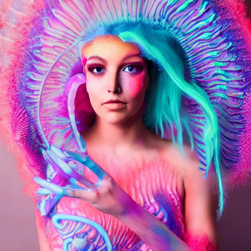 Prompt: young woman in a futuristic jellyfish coral skull nymph costume, striking a pose, intricate hairstyle, professional body paint, portrait photography by Lee Friedlander, digital, photoshop, Helios 44-2, high definition, vibrant, eye catching, award winning, 4K UHD
