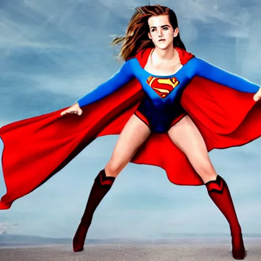 Prompt: emma watson in a superman costume doing a split