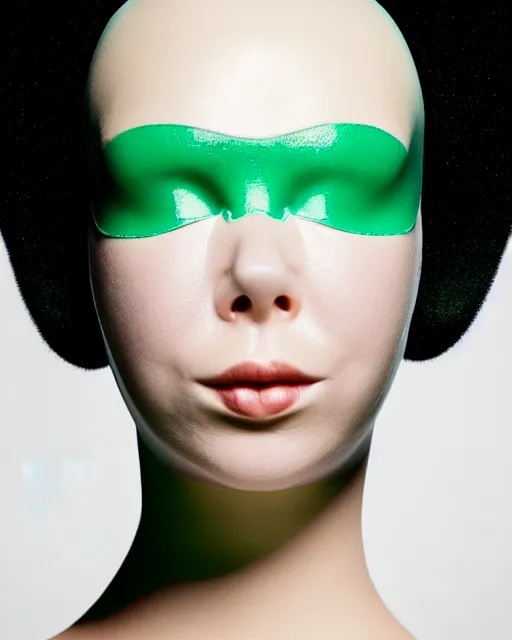 Prompt: symmetrical close - up portrait of a woman wearing a emerald green silicone beauty mask and hair buns, wearing a black bodysuit by alexander mcqueen, cream white background, soft light, biotechnology, humanoide robot, bjork aesthetic, translucent, by rineke dijkstra, masterpiece,