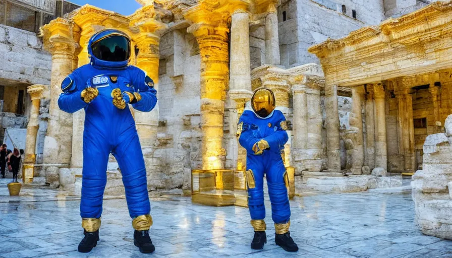 Image similar to a lush pamukkale high - tech city landscape with gold beautiful temples and royal blue mage wearing a space suit wondering around the luxurious street