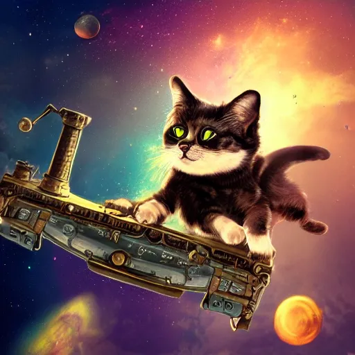 Image similar to A lazy steampunk cat jumping over the galaxy, digital illustration, concept art, 8k, trending on artstation