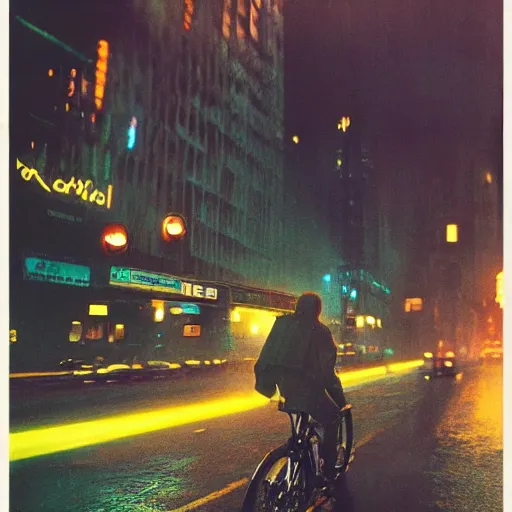 Image similar to action shot of Deckard from Blade Runner (1982) riding a bicycle neon cityscape cyberpunk rain night crowded streets