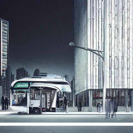 Image similar to dark city bus stop, by zaha hadid, architectural photo, very detailed,ArtStation