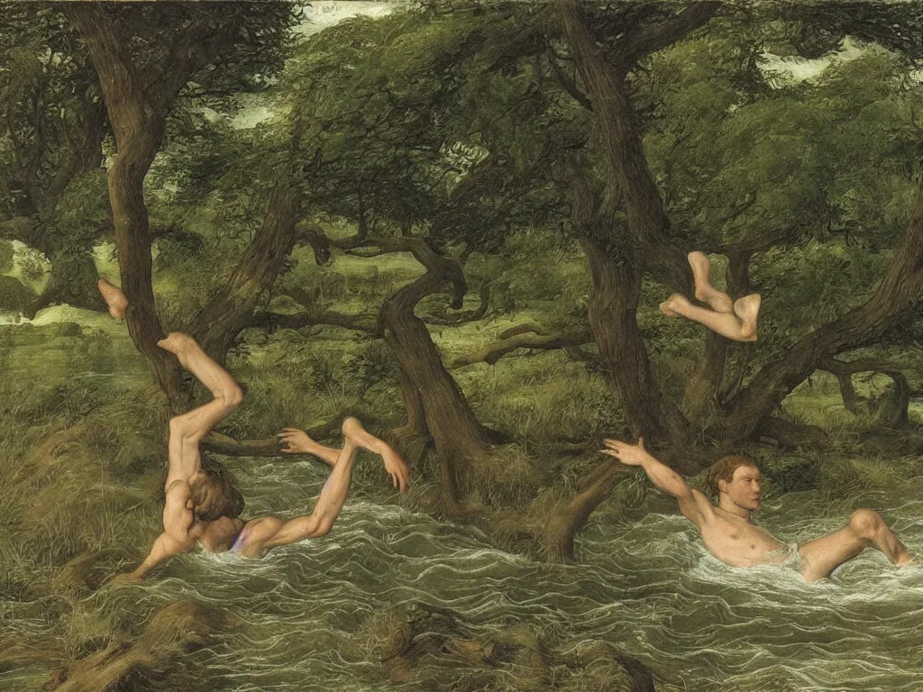 Prompt: Young man swimming in a turbulent river in the afternoon. Acacia trees in the wind, lightning strikes. Painting by Lucas Cranach, Caspar David Friedrich, Lucian Freud.