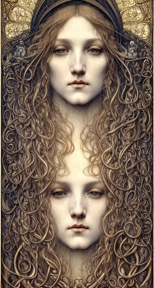 Image similar to detailed realistic beautiful young medieval queen face portrait by jean delville, gustave dore and marco mazzoni, art nouveau, symbolist, visionary, gothic, pre - raphaelite. horizontal symmetry